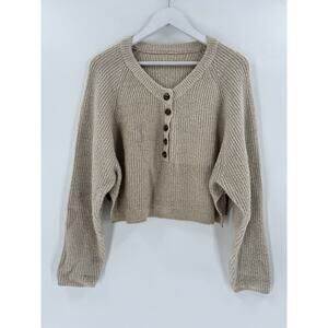 BDG Sweater Womens Large Beige Ribbed Knit Pullover Buttons Henley Slit Sides